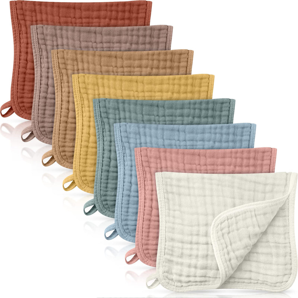 Remagr 8 pack muslin burp cloths in vibrant colors provide gentle protection during feeds.
