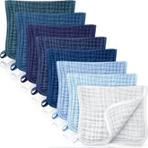 Remagr 8-pack muslin burp cloths flatlay shows soft cotton and color variety for daily use.
