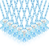 Remuuly pacifier necklace elephant blue flatlay, durable acrylic party favor for baby showers