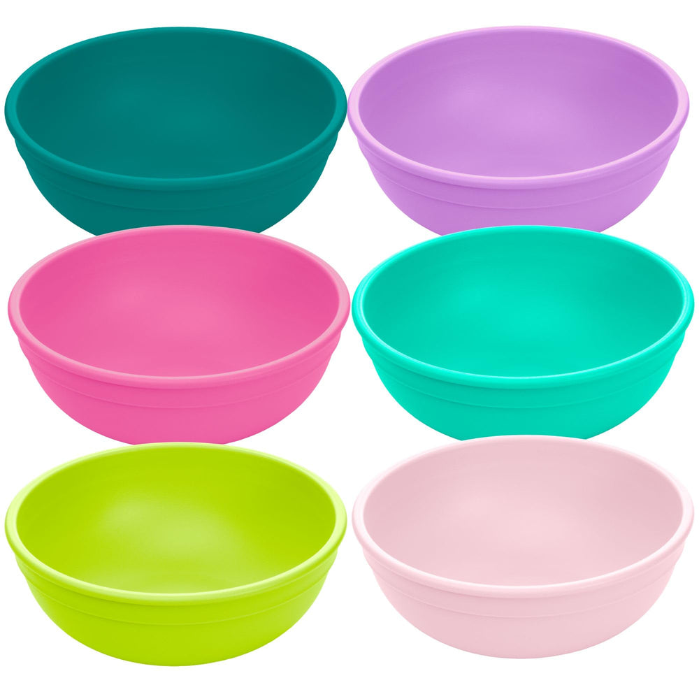Re-Play 20oz bowls stacked neatly for space-saving kitchen organization.