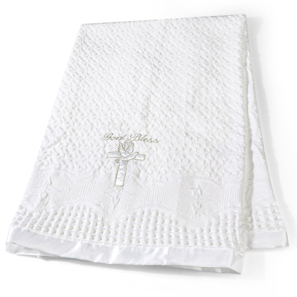 Runeaoys baptism blanket with cross-dove embroidery for elegant baptism photos