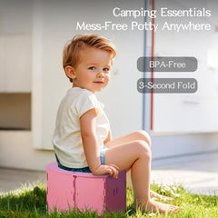 Rhastex portable-potty-seat unfolded shows stable no-tip setup for car trips and camping.