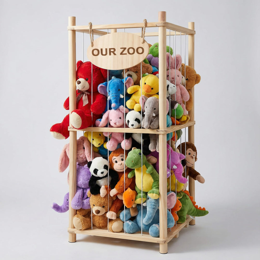 Rhyzoray stuffed-animal-storage-organizer front view shows spacious shelves for easy toy sorting.