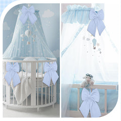 Riceshoot Coquette blue bow used as curtain tie for bright accents