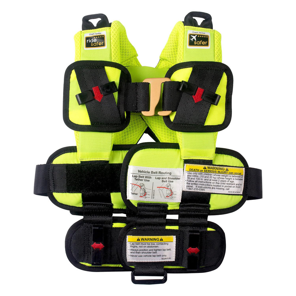 RideSafer XS yellow vest folded for ultra-portable travel convenience