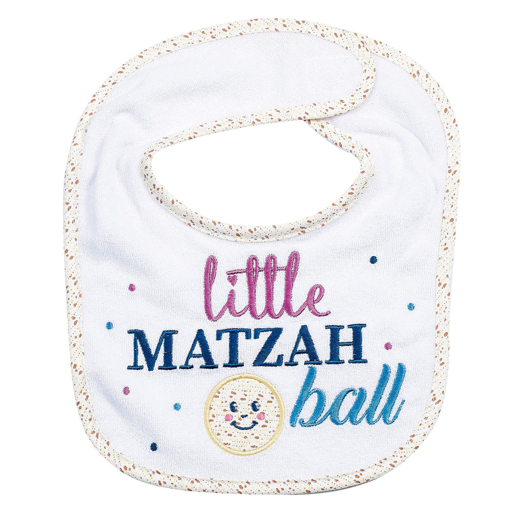 Rite Lite Adorable Matzah Ball Embroidered Bib close-up, ideal for festive Seder photos and baby wear.
