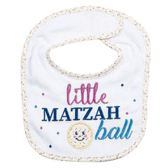 Rite Lite Adorable Matzah Ball Embroidered Bib close-up, ideal for festive Seder photos and baby wear.