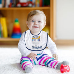 Rite Lite Hanukkah bib close-up of whimsical menorah design keeps baby comfy during celebrations