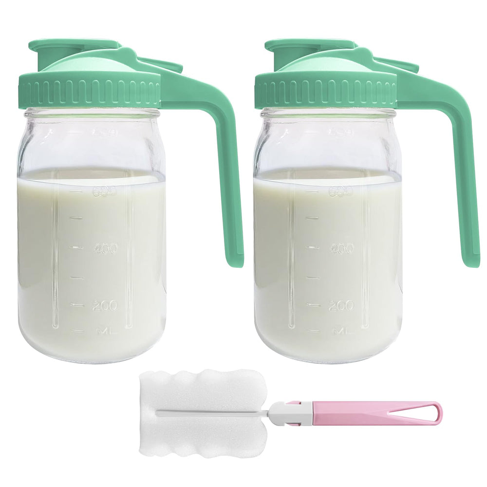 Riznpo 32oz breast milk pitcher with green lids for secure storage.