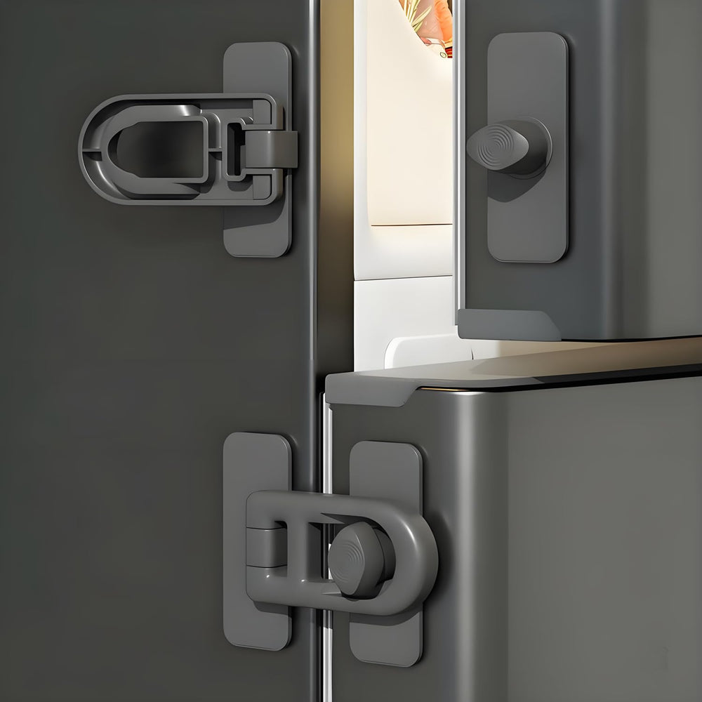 ROAESTKE 4-pack cabinet locks in grey for drill-free childproofing of cabinets and appliances.