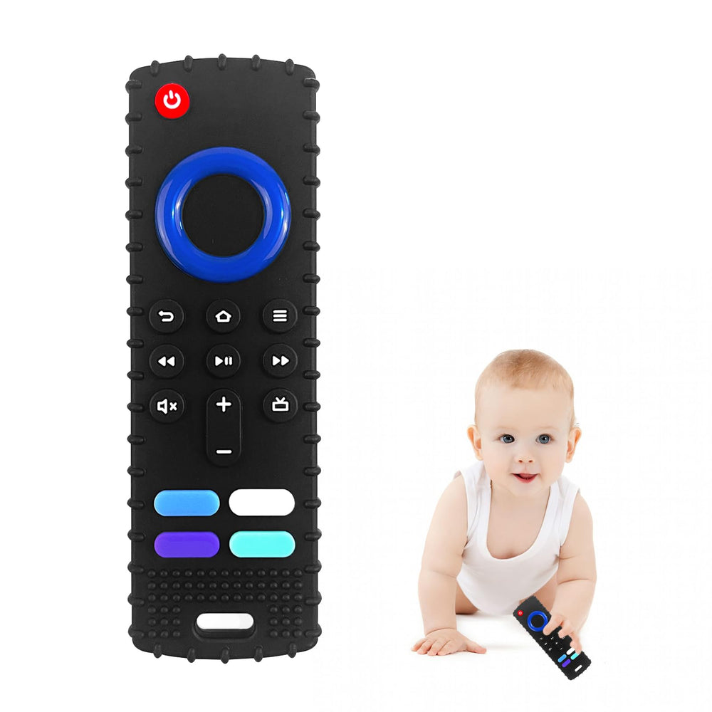 ROBBEAR fire-stick-remote-teether close-up shows soft silicone texture for gum soothing.