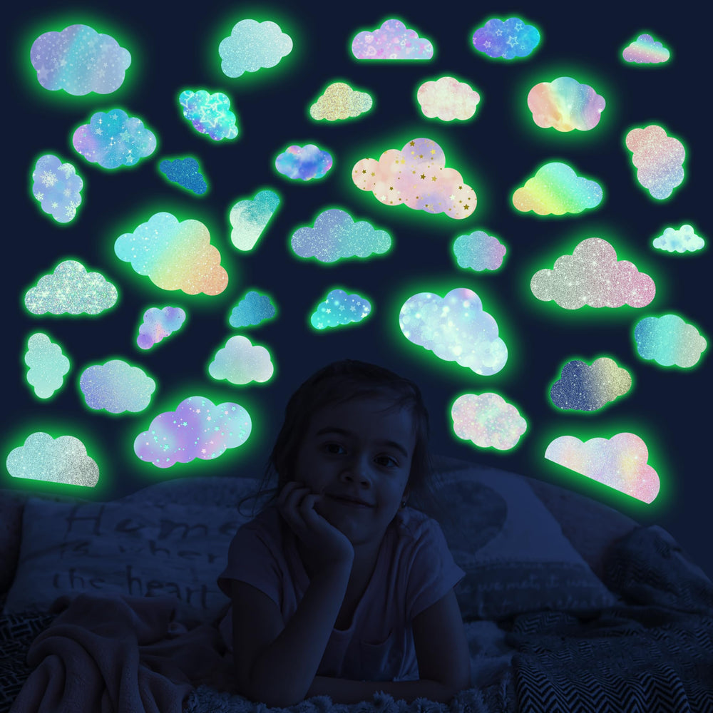 Robmoda glow-in-the-dark colorful clouds wall stickers sheet 1 glows softly for night-time room ambiance.