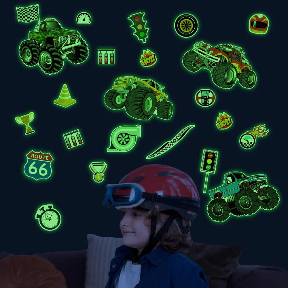 Robmoda glow-in-the-dark racing wall stickers glow after light exposure for kid-friendly ambiance