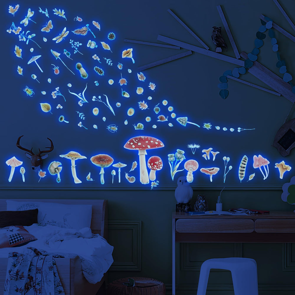 Robmoda glow mushroom wall decal in blue glows softly for enchanting nursery walls