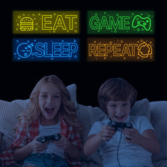 Robmoda glow neon wall stickers eat-sleep-game-repeat highlight nightly routine aesthetics.