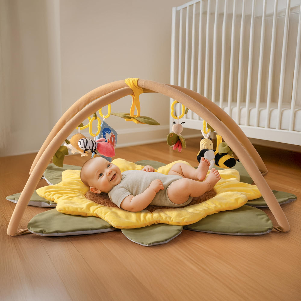 ROBUD Sunflower Play Mat overview shows the 43x43 inch surface for tummy time