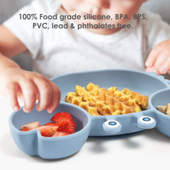 ROCCED crab-design plate dusty blue closeup promotes kid-friendly meals