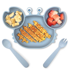ROCCED suction plates crab dusty blue on table provide mess-free mealtimes