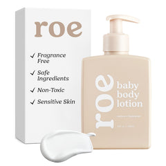 Roe Wellness fragrance-free baby lotion bottle with pump for easy soothing application.