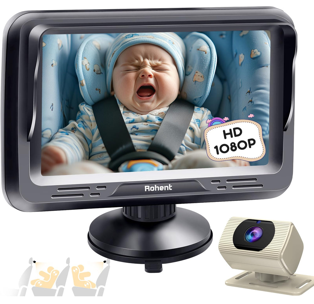 Rohent car baby monitor front view blends with beige interiors for stylish safety.