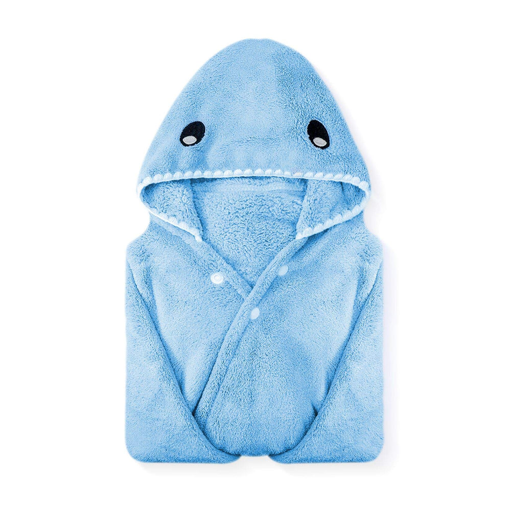 ROMASA blue shark hooded toddler towel face dries baby's skin gently after bath.