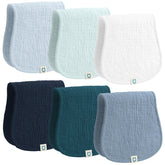 ROMY RO Muslin Burp Cloths 6-piece pack laid flat with blue multi colors for gentle moisture absorption.