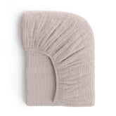 ROMY RO muslin crib sheet close-up showcases soft-touch fabric and breathable cotton.