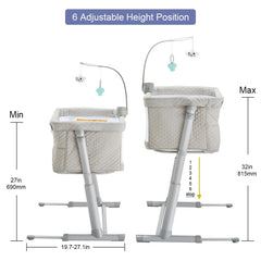 RONBEI adjustable-height bassinet demonstrates six height positions for beds and sofas.