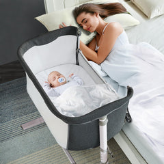 RONBEI baby bassinet bedside sleeper assembled side view for close nighttime access