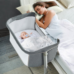 RONBEI Baby Bassinet side view demonstrates accessible height for nighttime feeding.