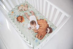 Rookie Humans Enchanted Meadow crib sheet fits standard crib size 28 x 52 inches.