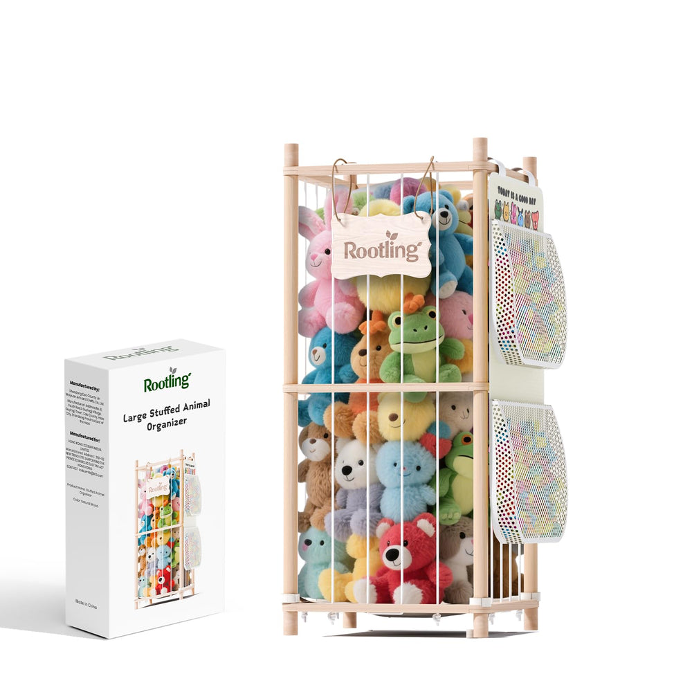 Rootling stuffed animal storage tower keeps plush toys organized in a kid-friendly display.