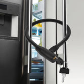 RORMGO refrigerator lock with keys close-up, showing secure access