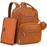 ROSEGIN premium vegan leather diaper bag backpack opened to show 20 pockets for organized baby gear.