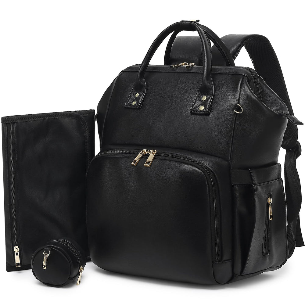 ROSEGIN premium vegan leather diaper bag backpack front view with spacious compartments for quick packing.