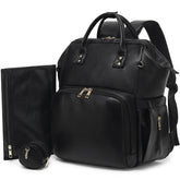 ROSEGIN premium vegan leather diaper bag backpack front view with spacious compartments for quick packing.