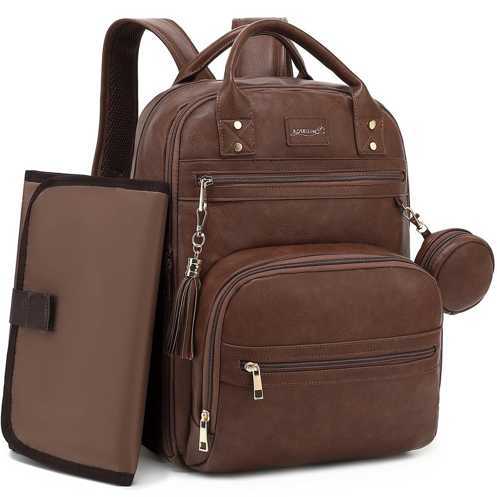 ROSEGIN diaper bag backpack interior layout with 20 pockets for organized storage on the go