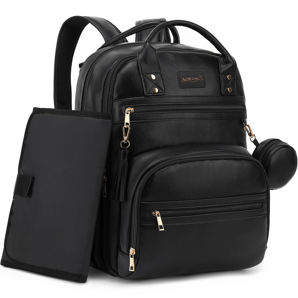 ROSEGIN Premium Vegan Leather Diaper Bag Backpack main view shows 35L capacity for busy days.