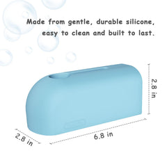 Roslim bathtub spout cover blue detail shows edge cushioning during baths.