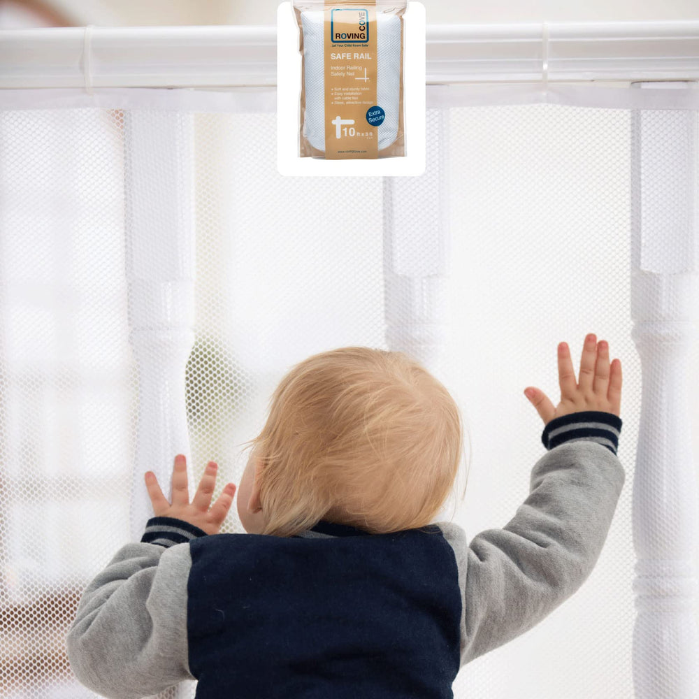Roving Cove stair banister guard Pearl White front view protects kids with visibility