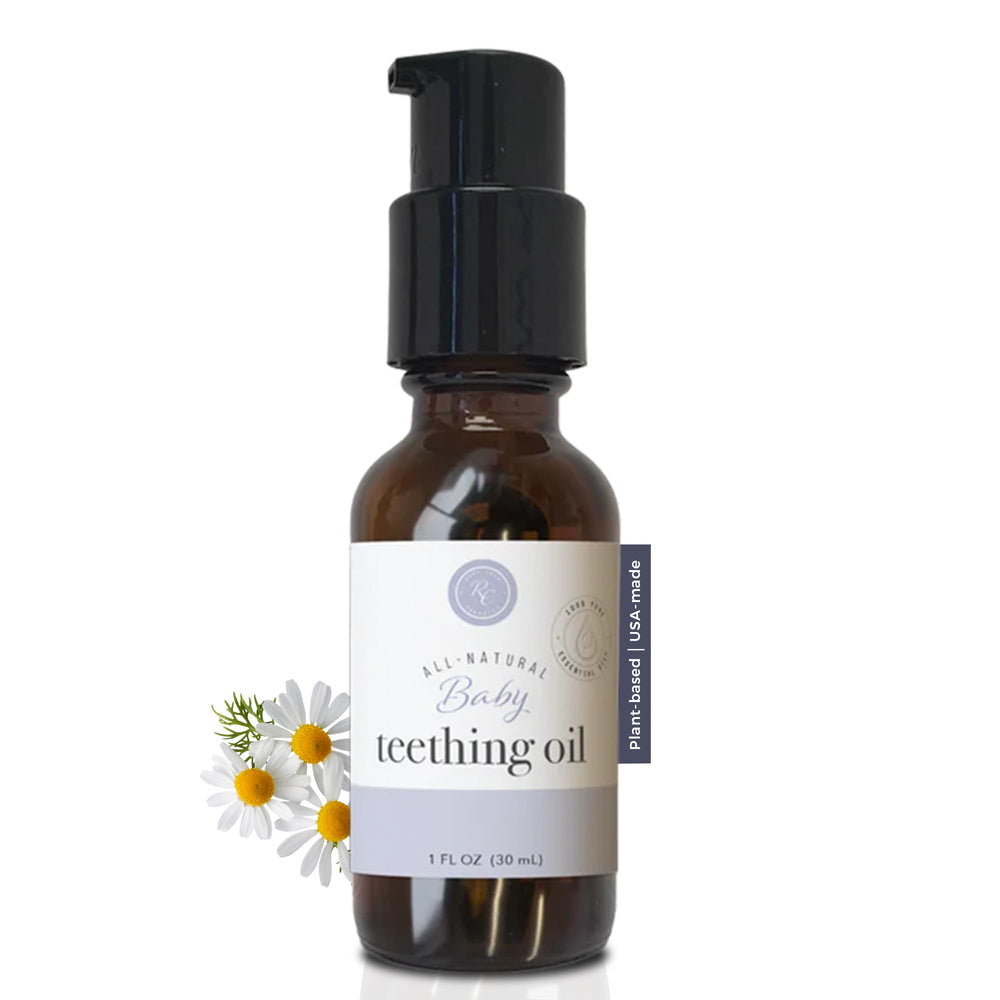 Rowe Casa Organics teething oil pump bottle for easy, mess-free application on baby gums