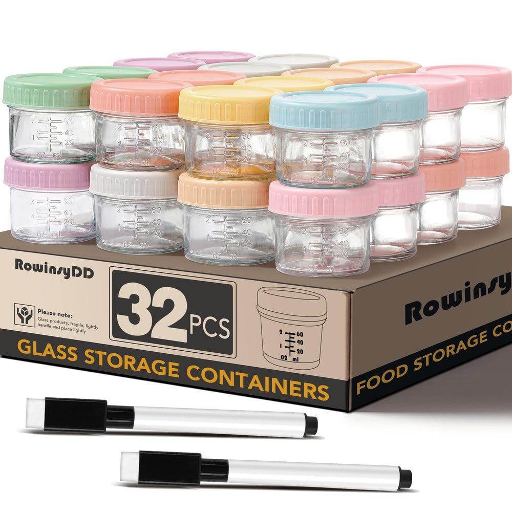 RowinsyDD 32-pack leakproof jars store 4oz baby portions safely.