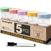 RowinsyDD five-pack glass jars with colored lids for easy portioning and reuse.