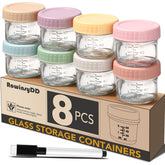 RowinsyDD 8-pack glass baby-food containers show 4oz jars for organized meals.