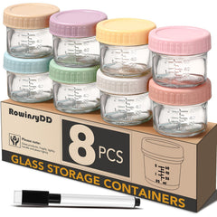 RowinsyDD 8-pack glass baby-food containers show 4oz jars for organized meals.