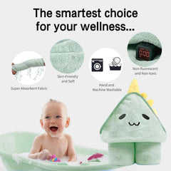 ROXANEPIG hooded baby towel green wrapped around baby post-bath by tub