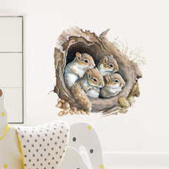 RoyoLam removable wall art featuring squirrels climbing a tree hole for renters