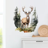 RoyoLam stag deer with evergreen pines wall sticker on white wall, ideal nursery decor.