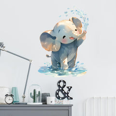 Royolam elephant wall decal shows playful water spray detail for a kids bath scene.