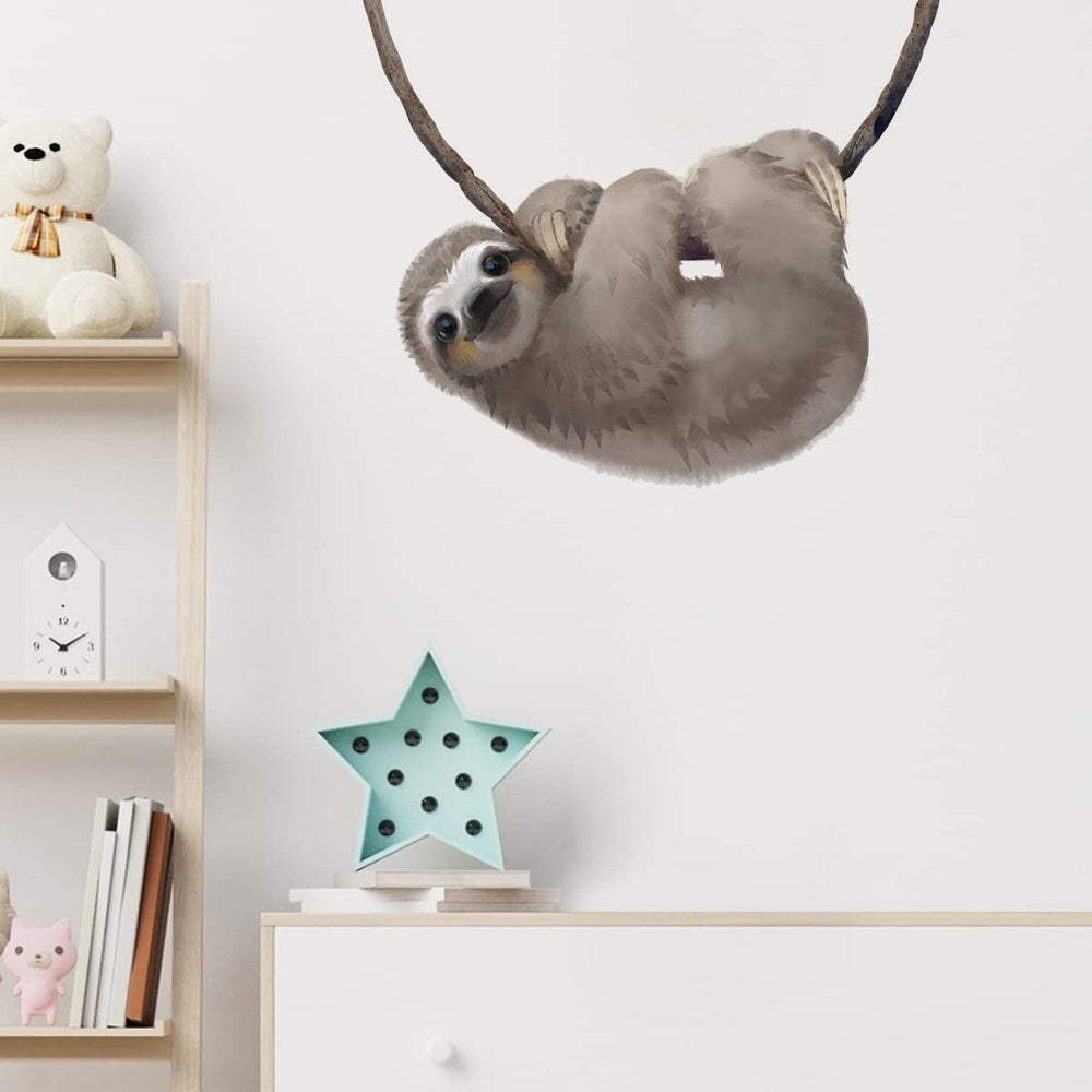 RoyoLam Little Sloth wall decal close-up on vine with bright colors for nursery decor